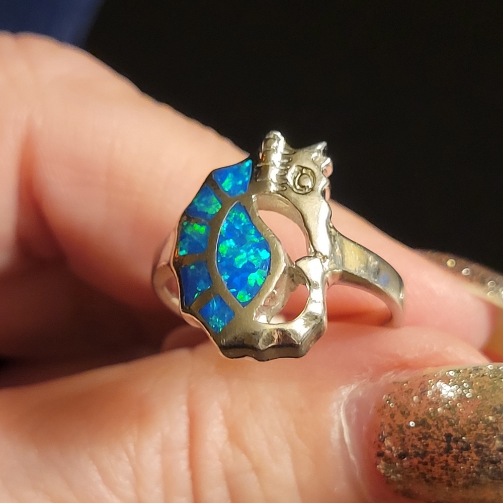 925 Sterling Silver and Lab Opal Seahorse Ring